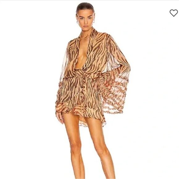 Rococo Sand Aine Animal Print Long Sleeve Wrap Mini Dress size M Camel Brown - Picture 3 of 14